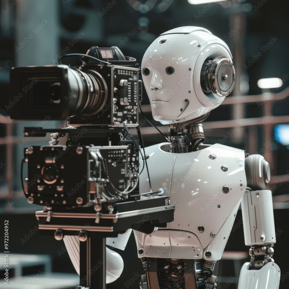 Fototapeta premium robotic operator with cameraman using video camera on tripod robot vs human standing together broadcasting artificial intelligence technology concept flat full length horizontal vector illustration