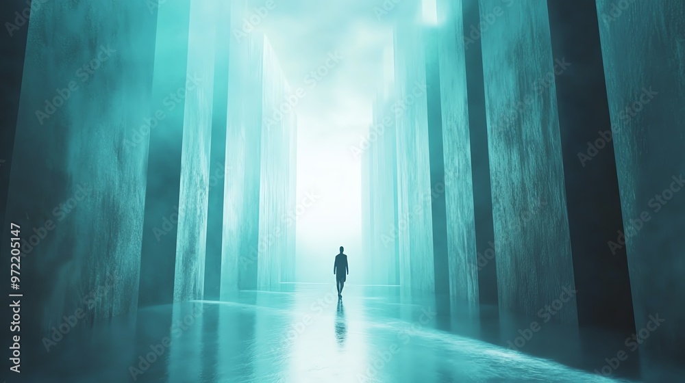 A solitary figure walks through a mysterious, misty corridor, evoking feelings of solitude and introspection in a surreal environment. A solitary figure walks through a mysterious, misty corridor, evoking feelings of solitude and introspection in a surreal environment.