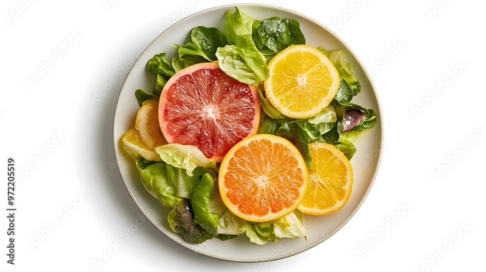 Vibrant citrus salad with mixed greens on white plate Vibrant citrus salad with mixed greens on white plate