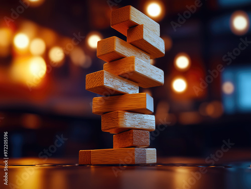 Wooden blocks game tower balancing on tabletop with blurred background