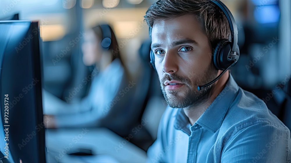 Man wearing headset looking at computer. Perfect for articles about customer service, IT support or online help. Man wearing headset looking at computer. Perfect for articles about customer service, IT support or online help.
