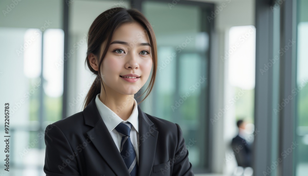 A professional woman in a suit, smiling confidently in a modern office environment, embodying success and professionalism. A professional woman in a suit, smiling confidently in a modern office environment, embodying success and professionalism.