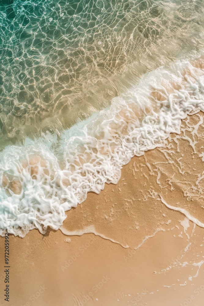 Naklejka premium Gentle waves lapping at the sandy shoreline in bright daylight at the beach. Vertical natural background.