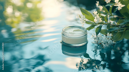 glass jar of moisturizer cream placed beside a spring pond, with soft green leaves and clear water reflecting its eco-friendly, nature-inspired formula photo