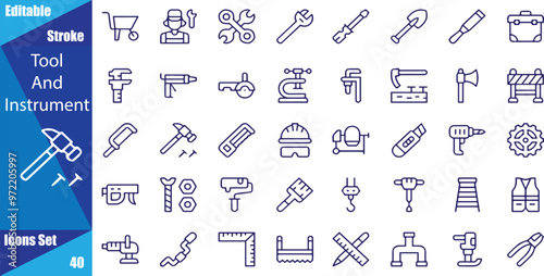 Tool & Instrument thin line icons set. Building Tools editable stroke icon.