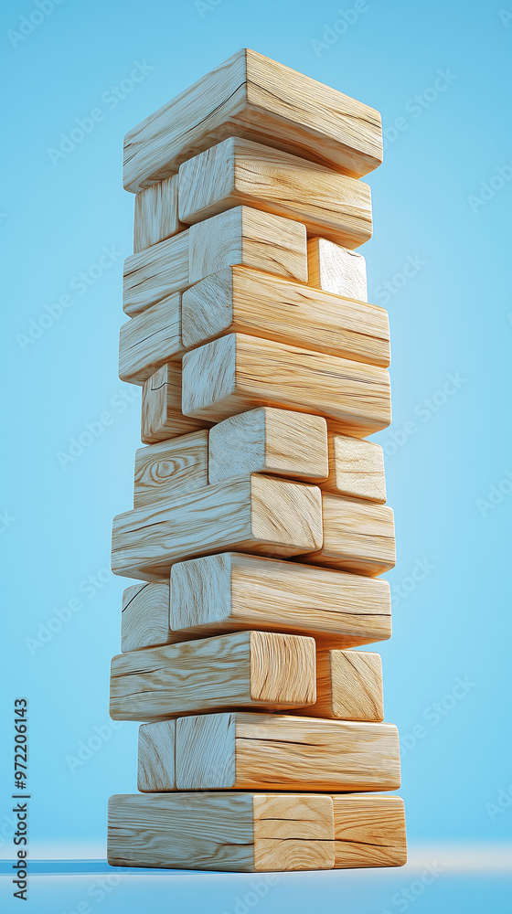 Wooden blocks tower on blue background
