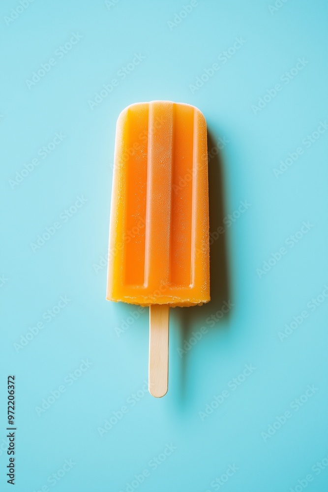 A single orange popsicle on a light blue background A single orange popsicle on a light blue background