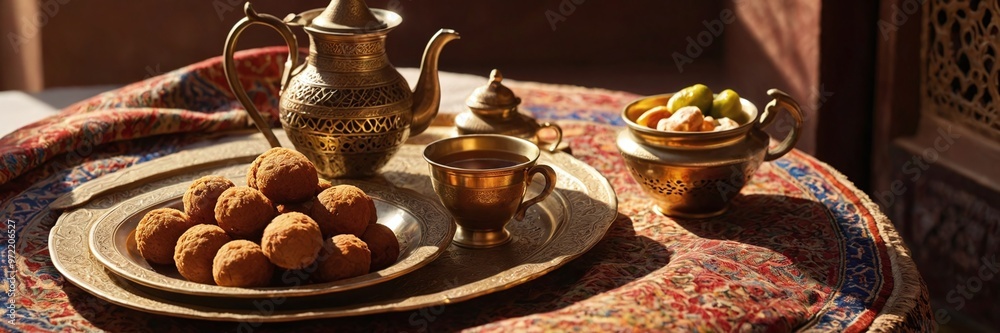 Oriental Tea Ceremony with Golden Teapots, Halva, Baklava, and Cultural Elegance Oriental Tea Ceremony with Golden Teapots, Halva, Baklava, and Cultural Elegance