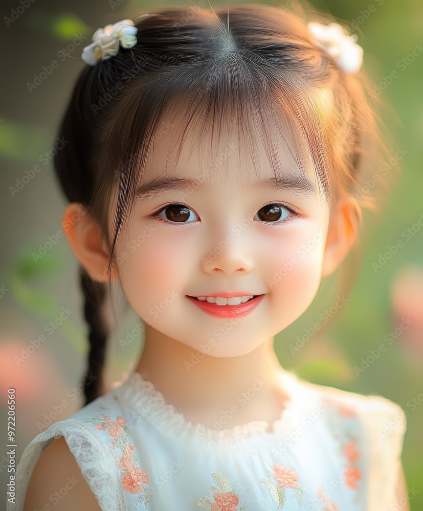 A young girl with long black hair and a pink shirt is smiling A young girl with long black hair and a pink shirt is smiling