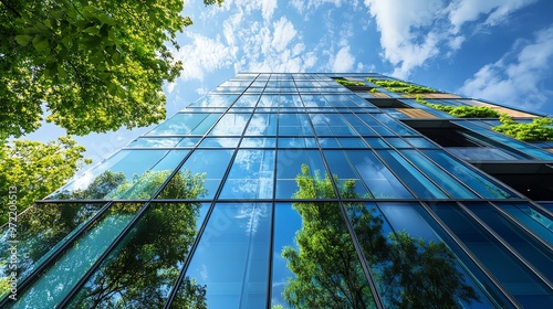 A low-angle view of a modern office building with green plants on the side.