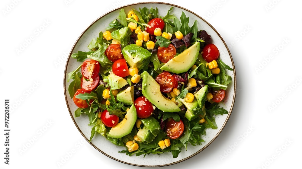 Fresh avocado salad with cherry tomatoes, corn, and arugula on a ceramic plate Fresh avocado salad with cherry tomatoes, corn, and arugula on a ceramic plate