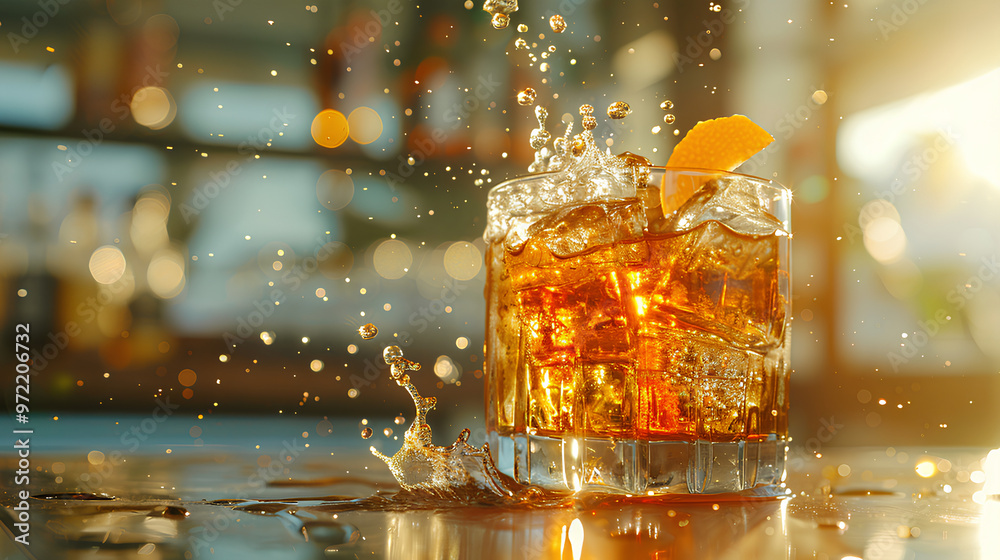 Refreshing Cocktail with Orange Garnish and Splashing Ice Refreshing Cocktail with Orange Garnish and Splashing Ice