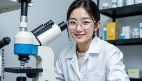 A young female scientist smiles while working at a microscope in a modern laboratory, showcasing her dedication to research.