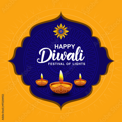 Happy Diwali festival with oil lamp, Rangoli decoration with Diya, Happy Diwali Indian festival background with Diya decoration.