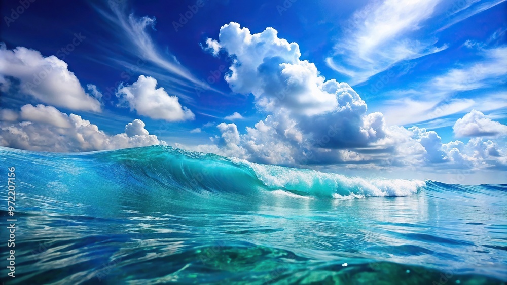 Blue ocean with white clouds on the horizon and clear marine wave in macro view Blue ocean with white clouds on the horizon and clear marine wave in macro view