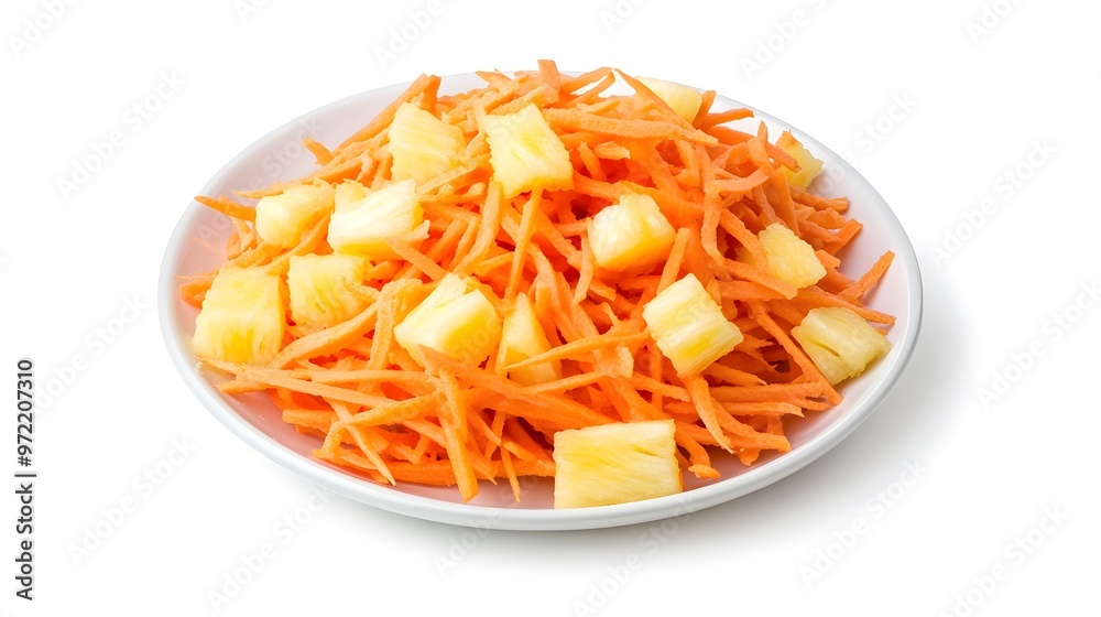 Vibrant tropical fusion: fresh pineapple and carrot salad on a white plate