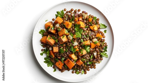 Healthy lentil salad with roasted sweet potatoes and fresh herbs photo