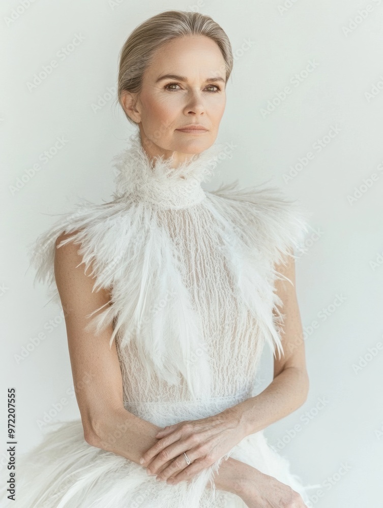 A woman in a white dress with a feather collar poses for a photo