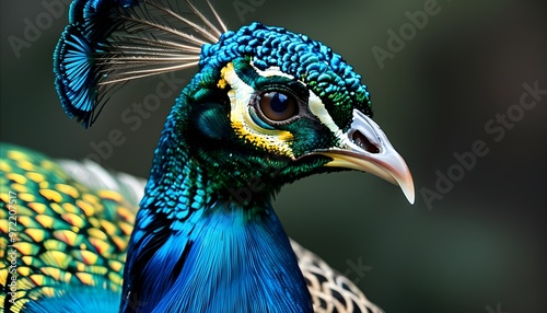 Iridescent blue peacock showcasing natural splendor with graceful head and exquisite feathers photo