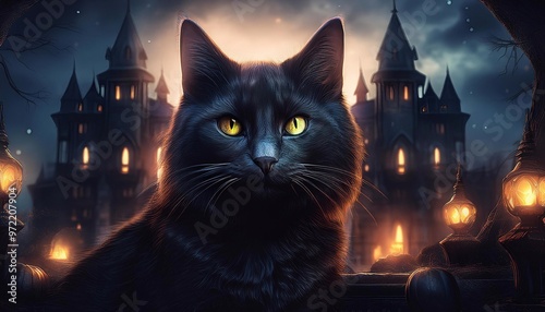 black cat very angry with glowing eyes standing on dark gloomy castle background, halloween concept