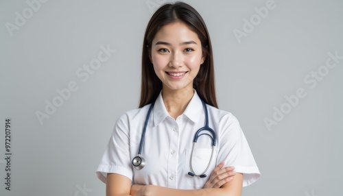 Smiling healthcare professional in a white coat with stethoscope, symbolizing care, trust, and medical expertise.