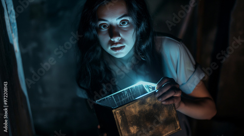 Woman with surprised expression looking into a glowing box. photo