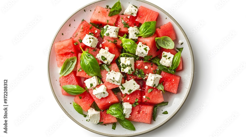 Fresh watermelon and feta salad with basil and mint on white plate Fresh watermelon and feta salad with basil and mint on white plate