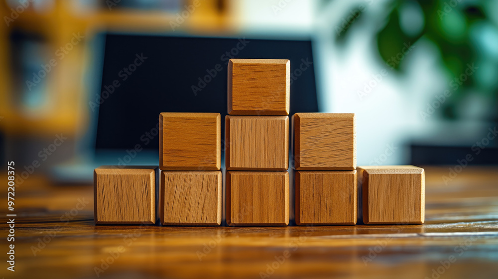 Wooden blocks forming ascending steps graph on desk Wooden blocks forming ascending steps graph on desk