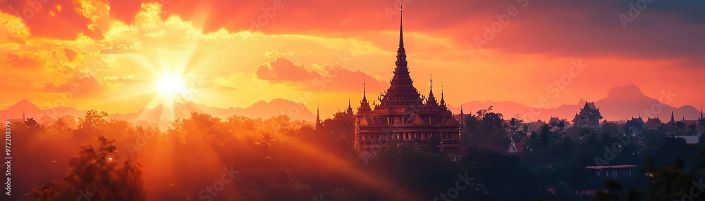 Stunning sunset view over a majestic temple silhouetted against vibrant clouds and glowing sky, perfect for travel and culture. Stunning sunset view over a majestic temple silhouetted against vibrant clouds and glowing sky, perfect for travel and culture.