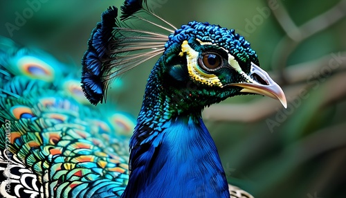 Iridescent blue peacock showcasing natural splendor with graceful head and exquisite feathers photo