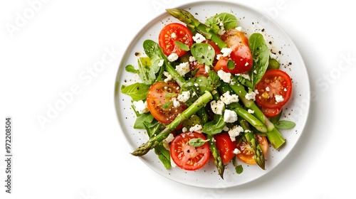 Fresh vegan salad with asparagus, cherry tomatoes, and feta cheese on a white plate