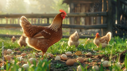 Serene outdoor farm scene featuring free range hen and eggs in lush green countryside setting photo