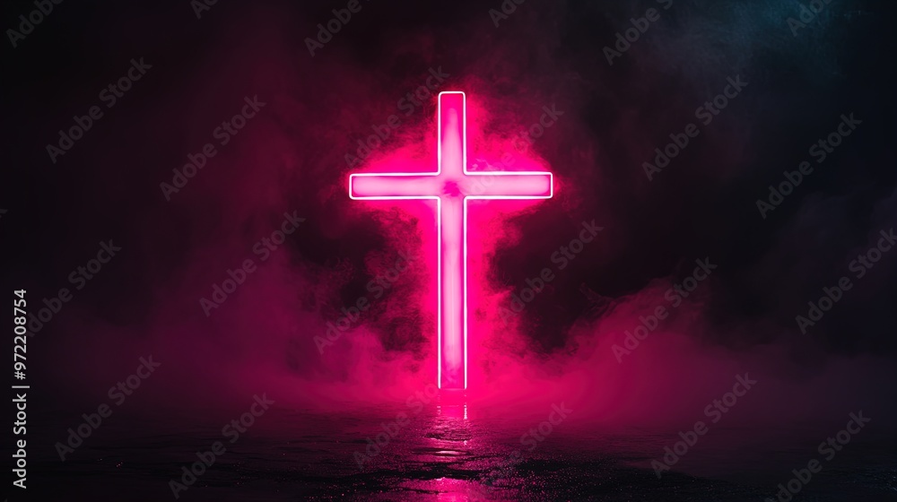 Stylish Neon Pink Cross: A Striking Wall Art Poster for Sporty Interiors, Emitting Bright Light Against a Pitch-Black Misty Background for Enhanced Visual Impact and Depth Stylish Neon Pink Cross: A Striking Wall Art Poster for Sporty Interiors, Emitting Bright Light Against a Pitch-Black Misty Background for Enhanced Visual Impact and Depth
