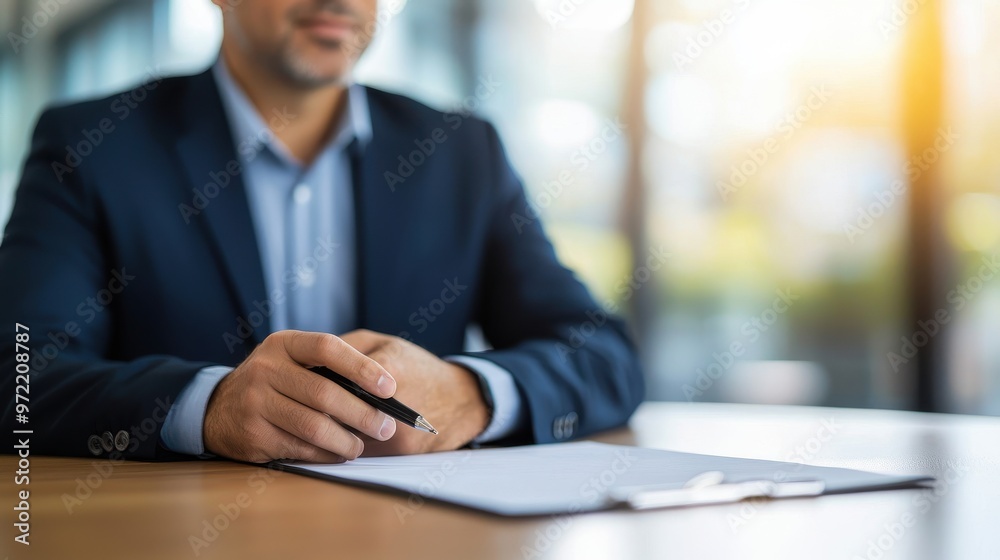 A professional man in a suit sits at a desk, poised to make a decision with a pen in hand and paperwork in front. A professional man in a suit sits at a desk, poised to make a decision with a pen in hand and paperwork in front.