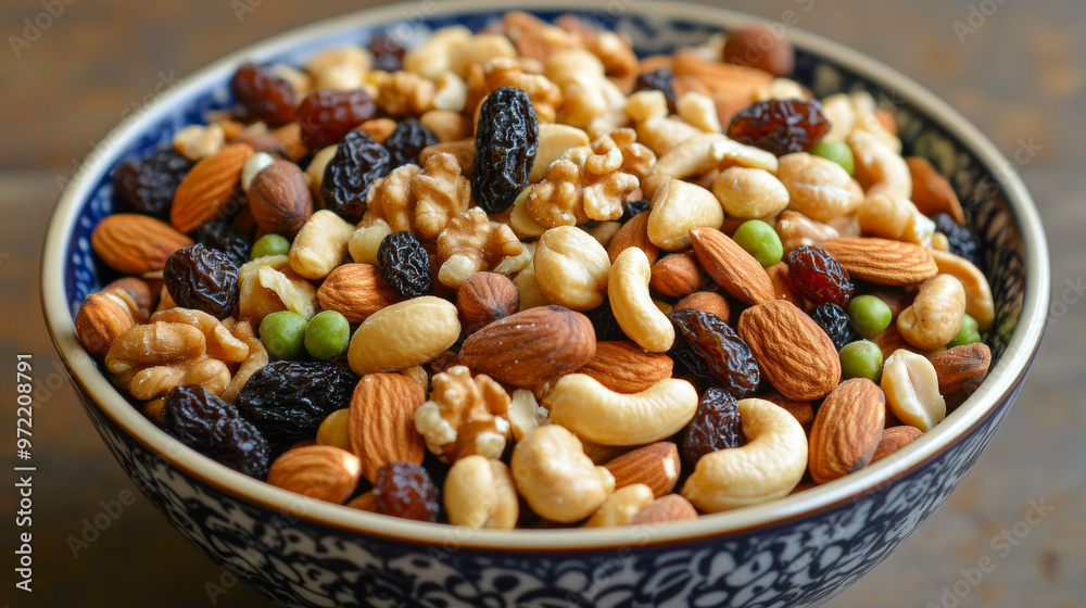A bowl filled with a variety of nuts and dried fruits. It has cashews, walnuts, almonds, peanuts, raisins, black beans, and peas. A bowl filled with a variety of nuts and dried fruits. It has cashews, walnuts, almonds, peanuts, raisins, black beans, and peas.
