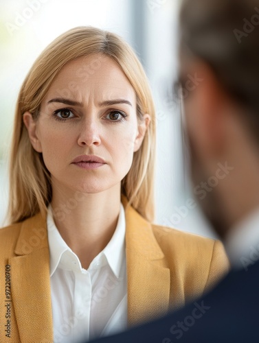 A focused woman in a business setting shows determination and seriousness while engaging in a conversation.