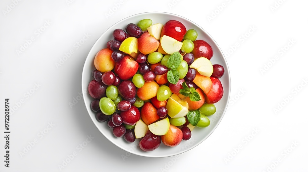 Fresh fruit bowl with apples, grapes, and mint on white background Fresh fruit bowl with apples, grapes, and mint on white background