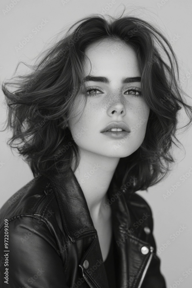 A beautiful woman in a black leather jacket and dark make-up posing while looking at the camera. Black and white fashion photography. Fashion. Style. A beautiful woman in a black leather jacket and dark make-up posing while looking at the camera. Black and white fashion photography. Fashion. Style.