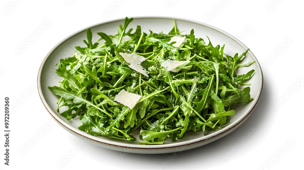 Fresh arugula salad with parmesan on a white plate Fresh arugula salad with parmesan on a white plate