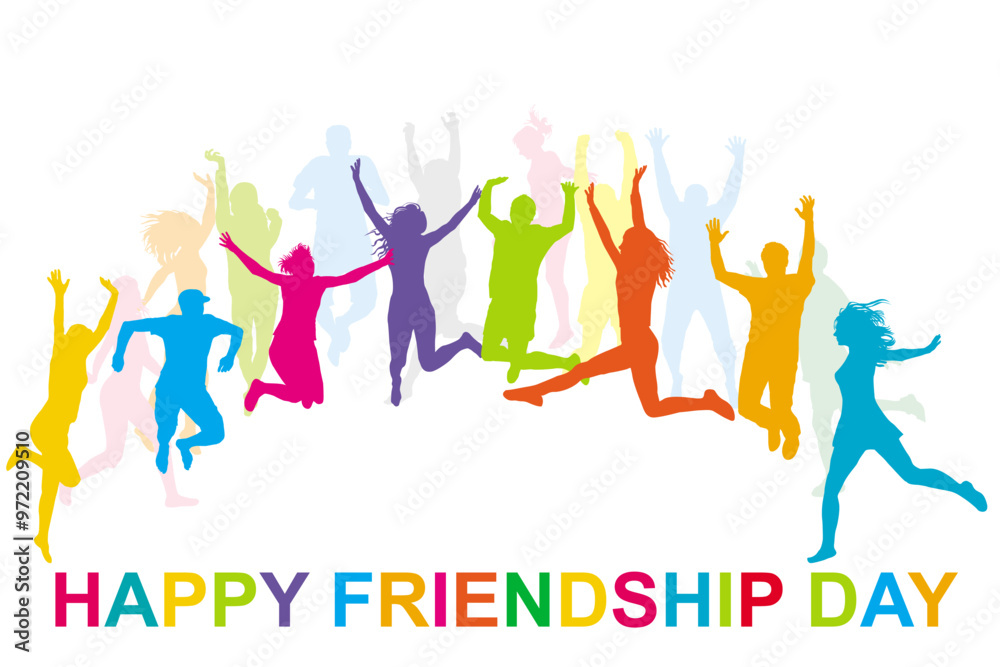 Happy Friendship Day illustration with silhouettes of happy people jumping.eps