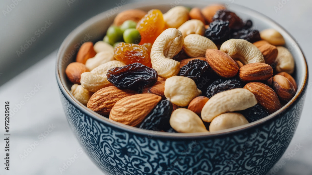 A bowl filled with a variety of nuts and dried fruits. It has cashews, walnuts, almonds, peanuts, raisins, black beans, and peas. A bowl filled with a variety of nuts and dried fruits. It has cashews, walnuts, almonds, peanuts, raisins, black beans, and peas.
