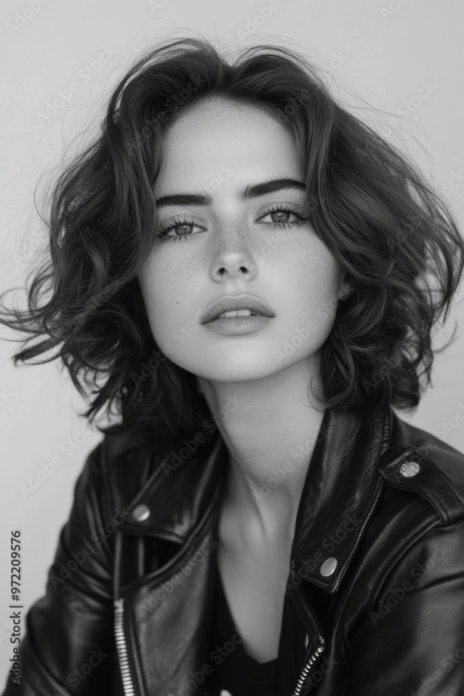 A beautiful woman in a black leather jacket and dark make-up posing while looking at the camera. Black and white fashion photography. Fashion. Style. A beautiful woman in a black leather jacket and dark make-up posing while looking at the camera. Black and white fashion photography. Fashion. Style.