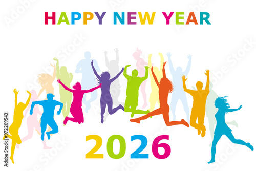 Happy New Year 2026 illustration with  silhouettes of happy people jumping.eps