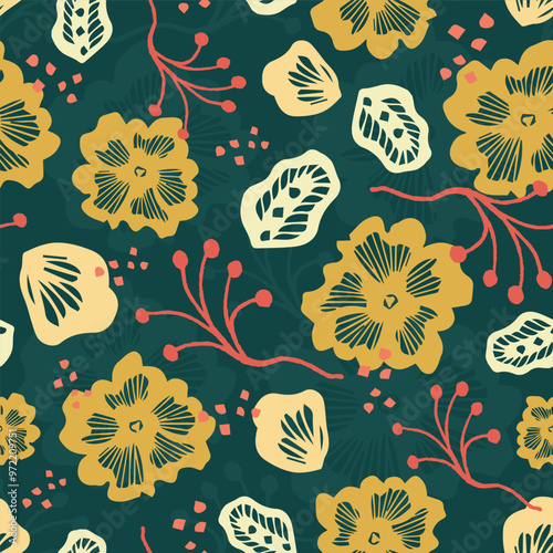 Hand-Drawn Mustard Yellow Floral and Berry Pattern, Rustic Boho Style, Organic Shapes with Outlined Flowers and Leaves, Flat Vector Illustration for Wallpaper, Textile, and Autumnal Design.