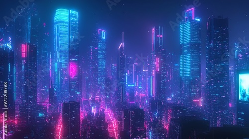 Wallpaper Mural A futuristic cyberpunk city skyline at night, illuminated by vibrant neon lights. Torontodigital.ca