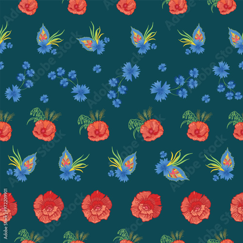 Seamless Pattern Vector Swatch, Slavic Folk Floral Illustration, Red Poppies and Cornflowers, Hand-Drawn Vintage Design, Rustic Polish Style for Wallpaper and Any Surface Design.