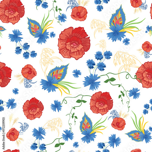 Seamless Pattern Vector Swatch, Slavic Folk Floral Illustration, Red Poppies and Cornflowers, Hand-Drawn Vintage Design, Rustic Polish Style for Wallpaper and Any Surface Design.