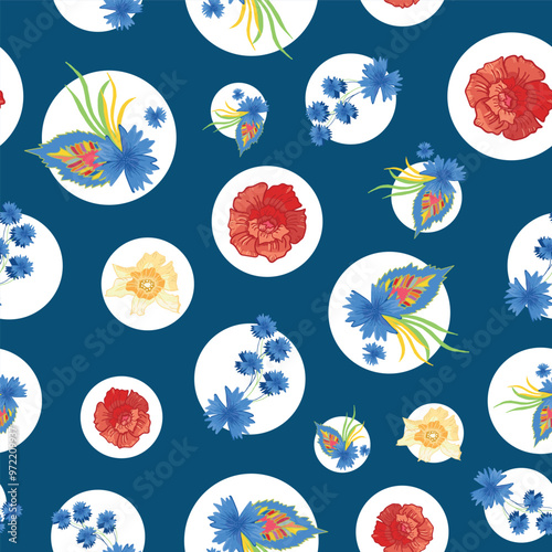 Seamless Pattern Vector Swatch, Slavic Folk Floral Illustration, Red Poppies and Cornflowers, Hand-Drawn Vintage Design, Rustic Polish Style for Wallpaper and Any Surface Design.
