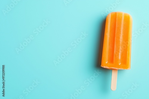 One orange popsicle on a light blue background 