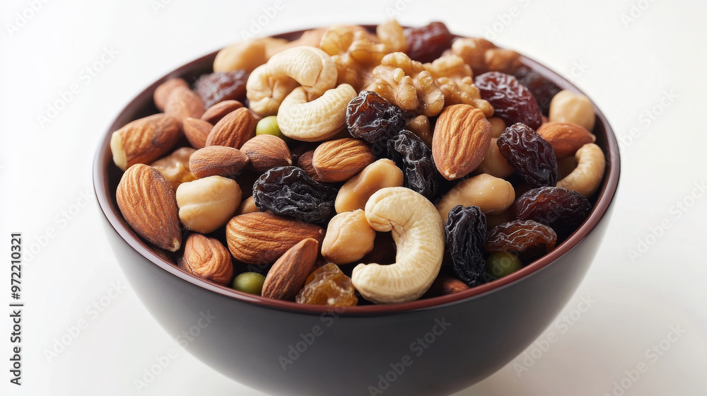 A bowl filled with a variety of nuts and dried fruits. It has cashews, walnuts, almonds, peanuts, raisins, black beans, and peas. A bowl filled with a variety of nuts and dried fruits. It has cashews, walnuts, almonds, peanuts, raisins, black beans, and peas.